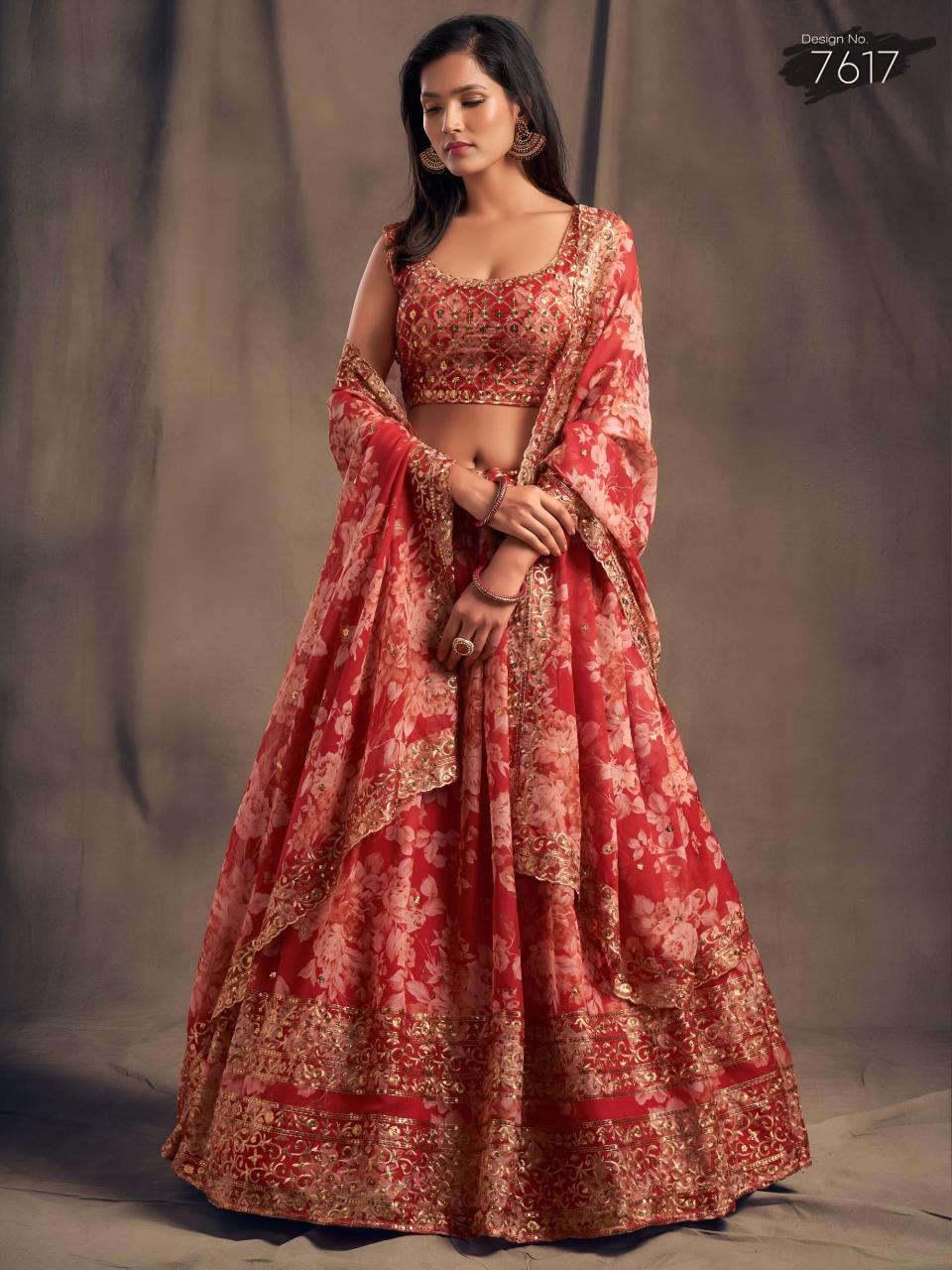 Floral vol 2 Organza red Lehenga choli manufacturer in Gujarat